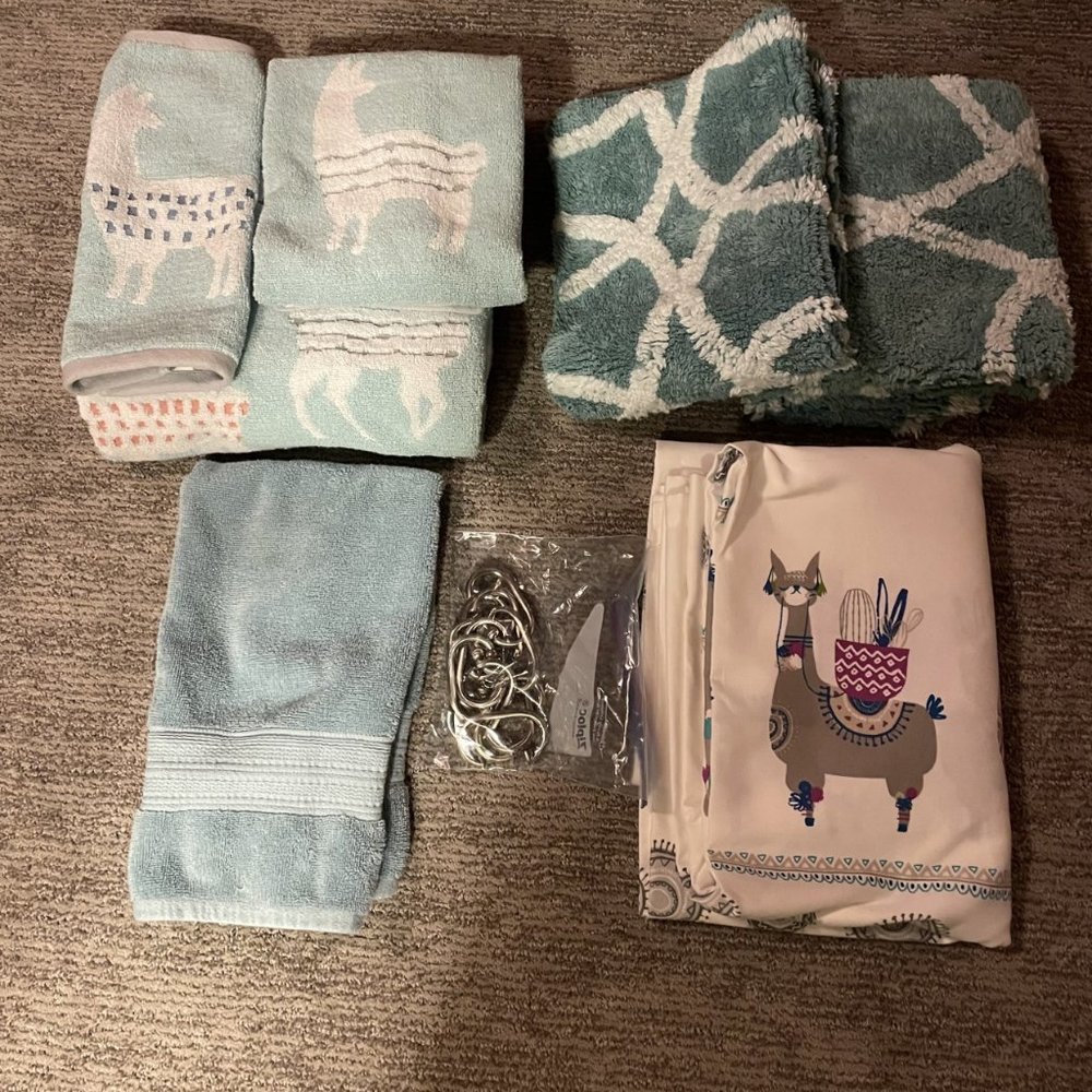 Llama Bathroom Deco-Llama Parade Fabric Shower Curtain & Hooks, Towels & Rugs